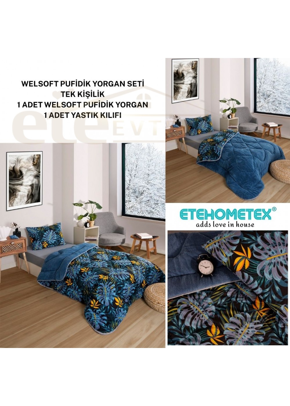 ETE HOMETEX TEK KİŞİLİK LÜX WELSOFT YORGAN MONESTERA İNDİGO 155X215CM 8696474231888 ETE HOMETEX TEK KİŞİLİK LÜX WELSOFT YORGAN MONESTERA İNDİGO 155X215CM 8696474231888